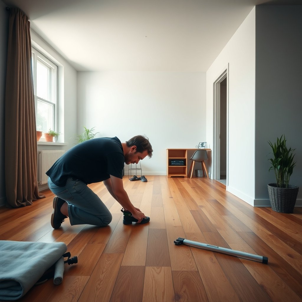 Person reviewing apartment rules and preparing the subfloor for hardwood floor installation