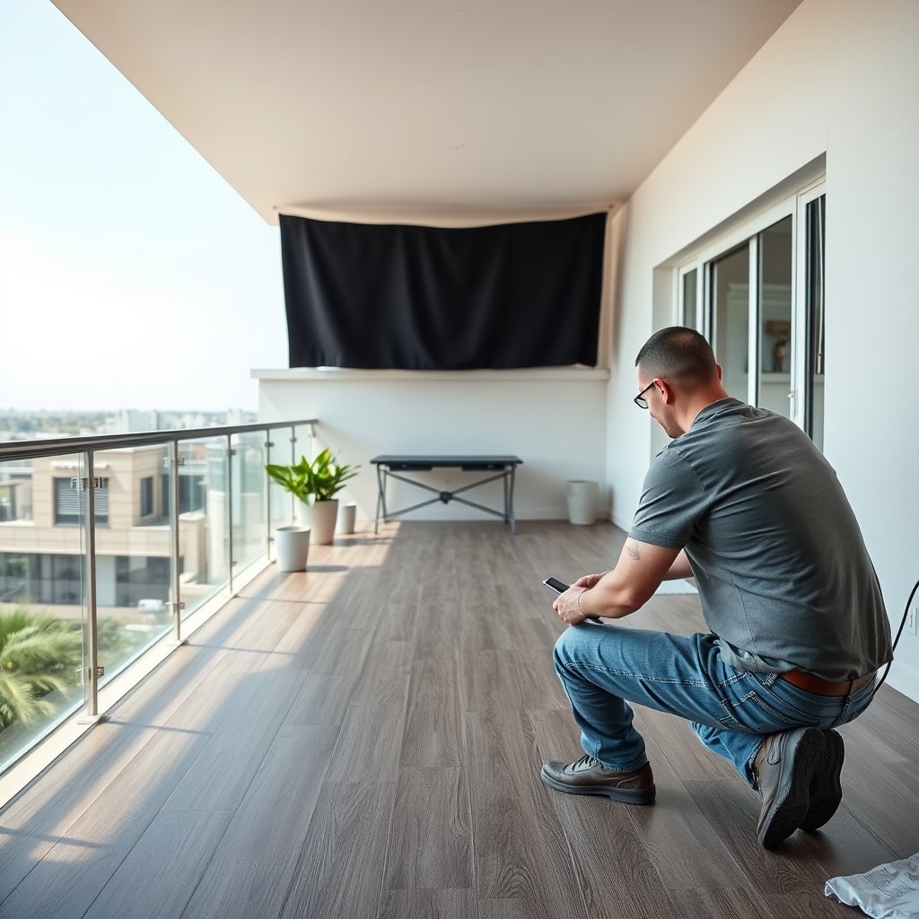 Inspecting balcony moisture, drainage, and temperature for vinyl floor preparation