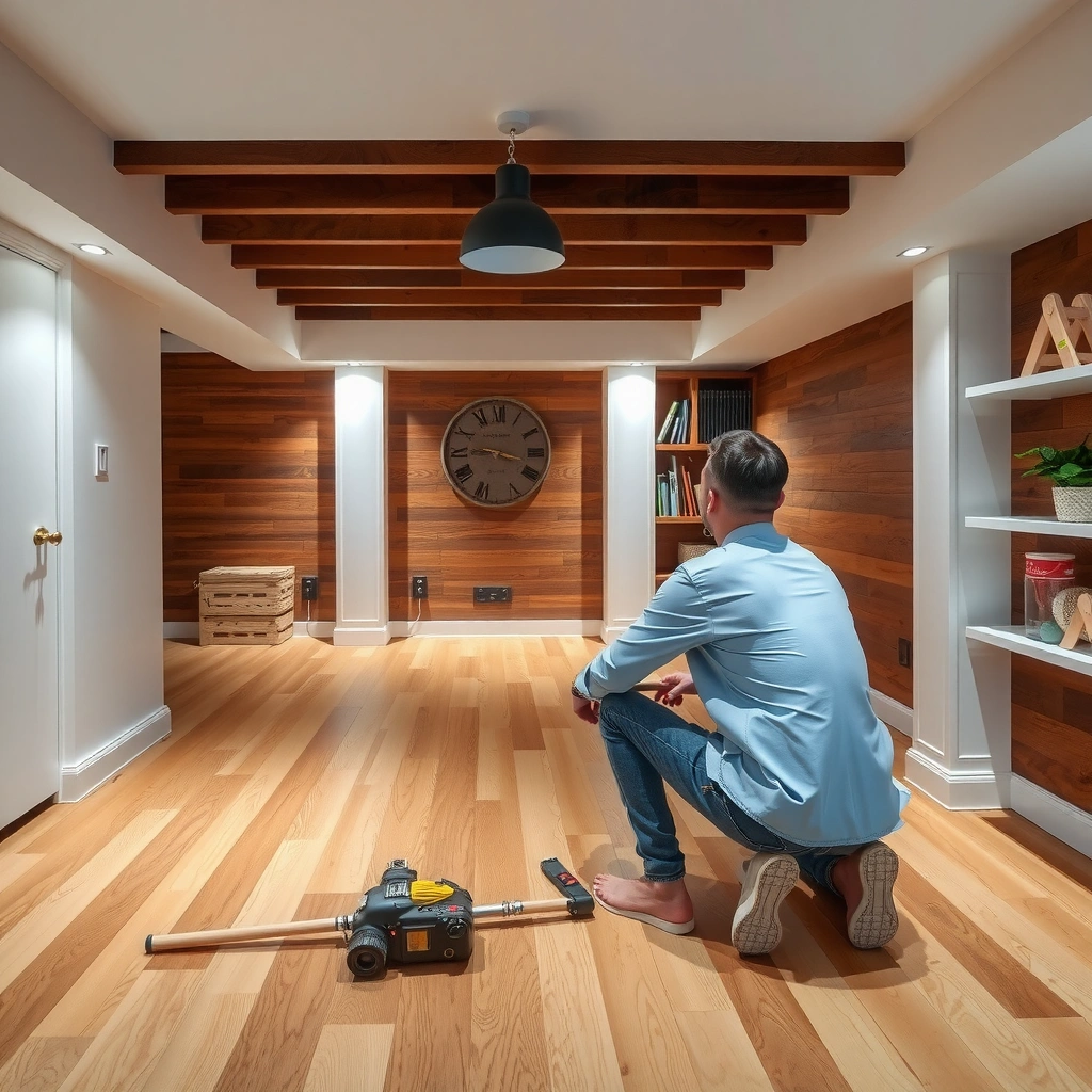 A homeowner checking moisture levels in a basement before installing engineered wood floors.