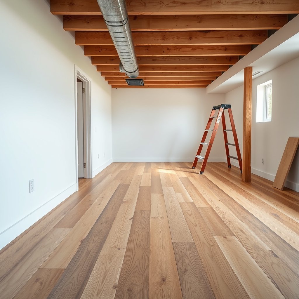 A person measuring moisture levels in a basement to prepare engineered wood floors.