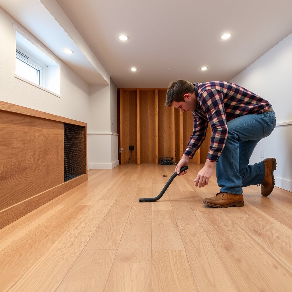 Checking moisture levels and concrete conditions in a basement before installing wide-plank wood floors.