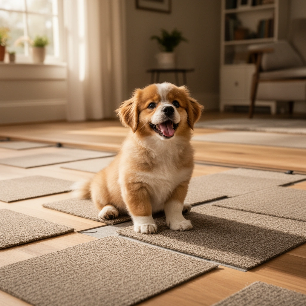 Person reviewing carpet tile installation instructions before laying underlayment.