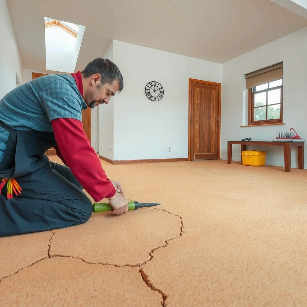 Image showing a person inspecting the cause of cracks in cork floors before repair.