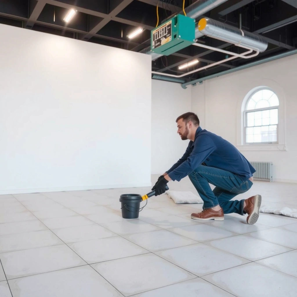 Inspecting the condition of existing floors before installing polyurethane over tile.