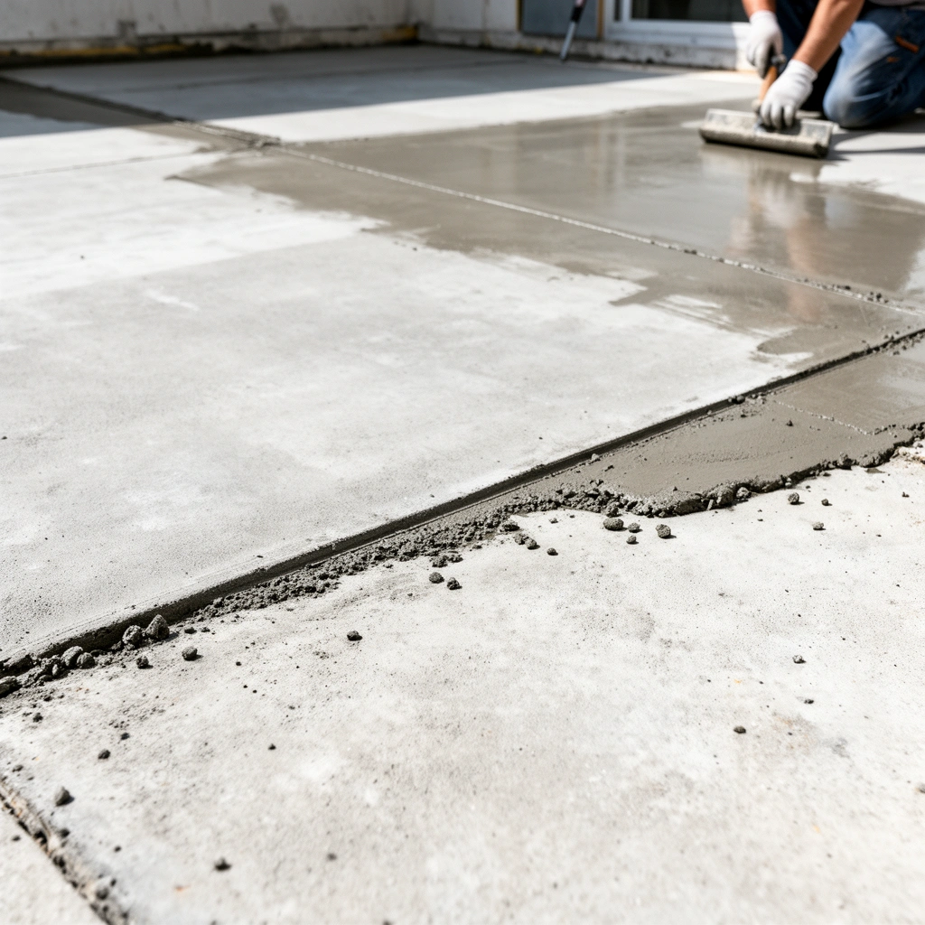 Inspecting concrete for moisture, cracks, and flatness before outdoor flooring installation.