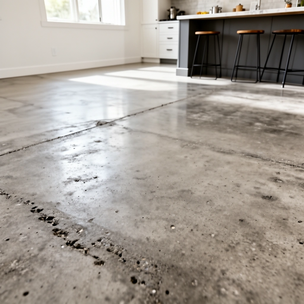Checking the moisture and condition of concrete before installing kitchen flooring.
