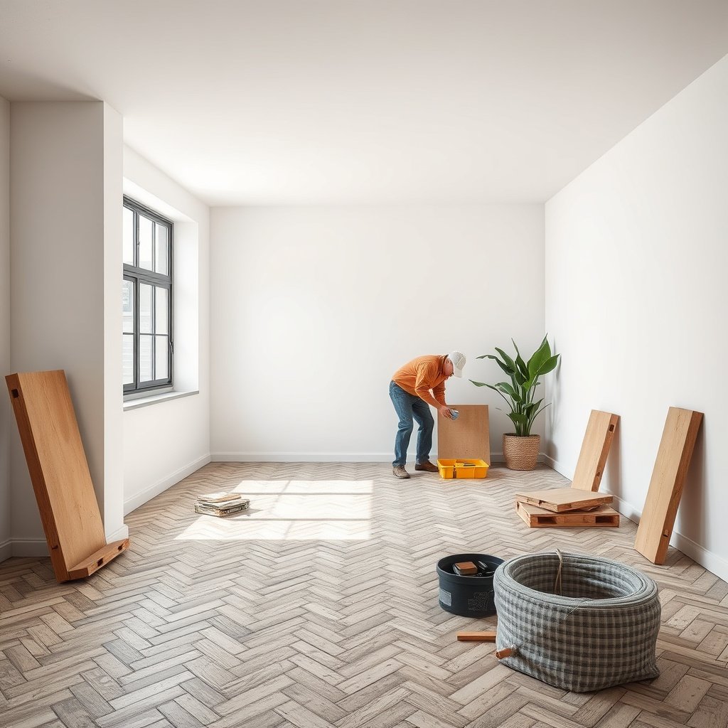 A person checking the moisture and flatness of concrete before installing herringbone floors
