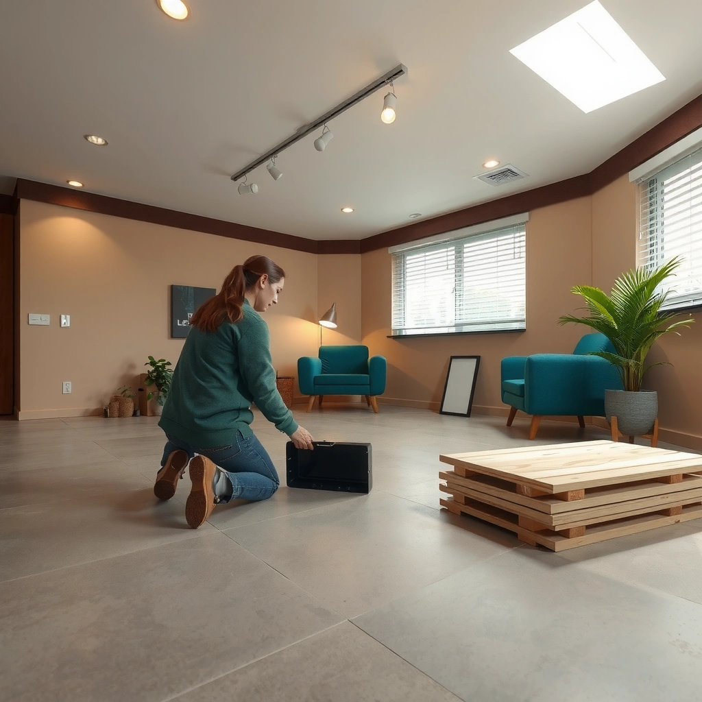A person checking the moisture and flatness of concrete before installing laminate flooring.