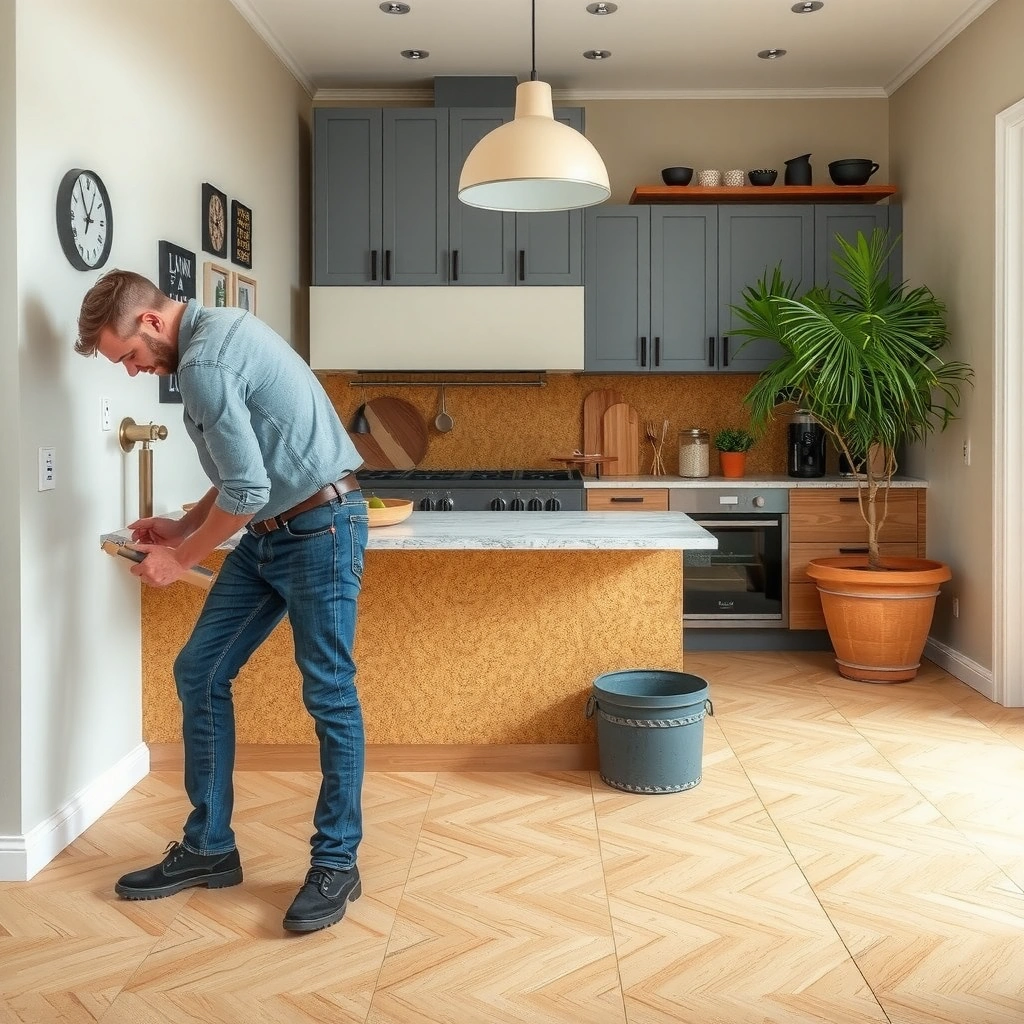 Person checking cork flooring type and assessing kitchen conditions before installation.