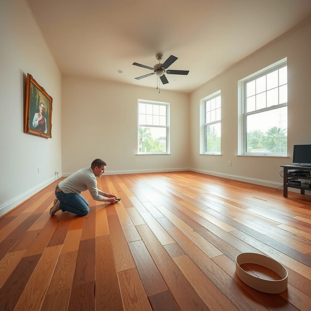 A person inspecting the existing floor for compatibility before installing hardwood flooring.