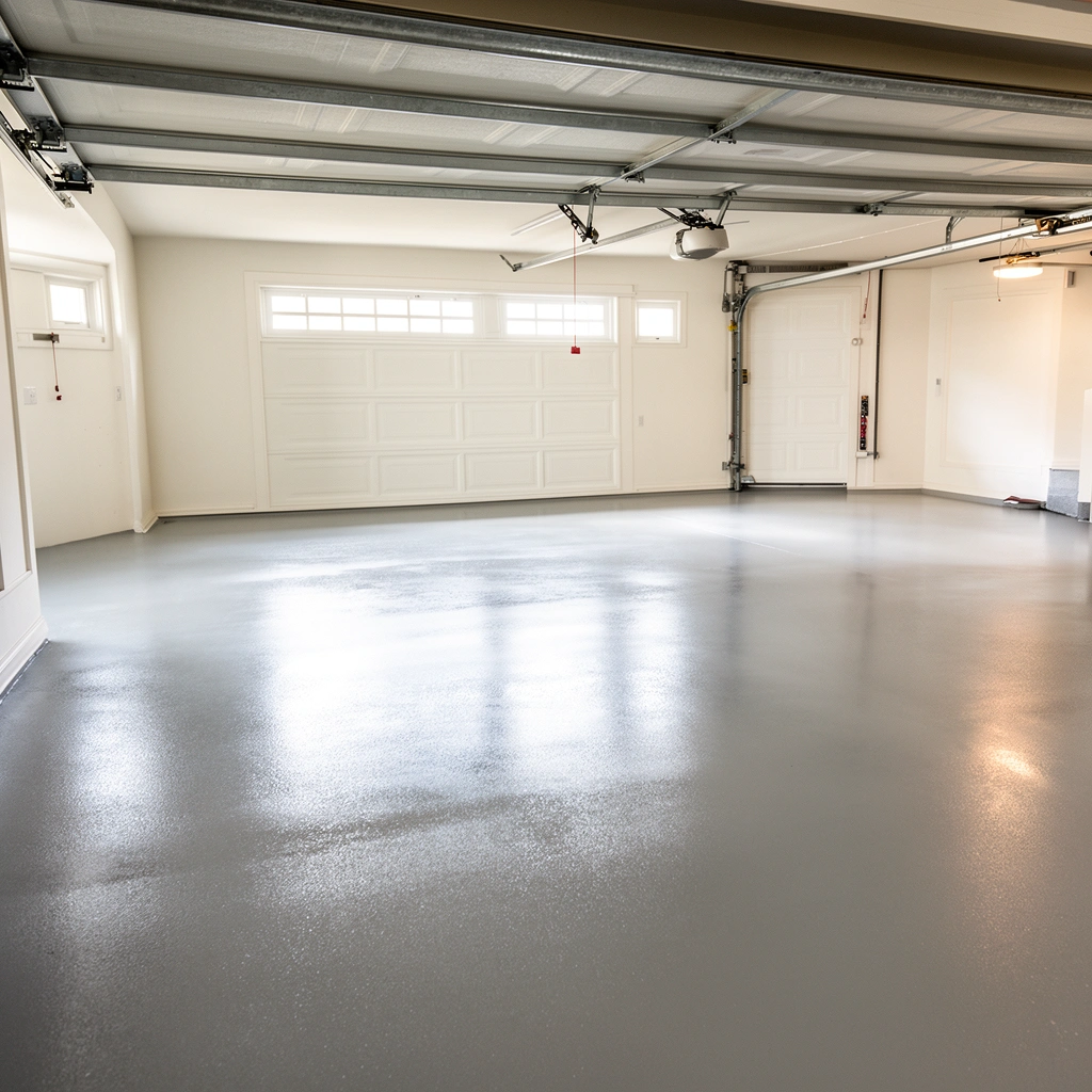 Inspecting the existing garage floor surface for bond versus removal before installation.