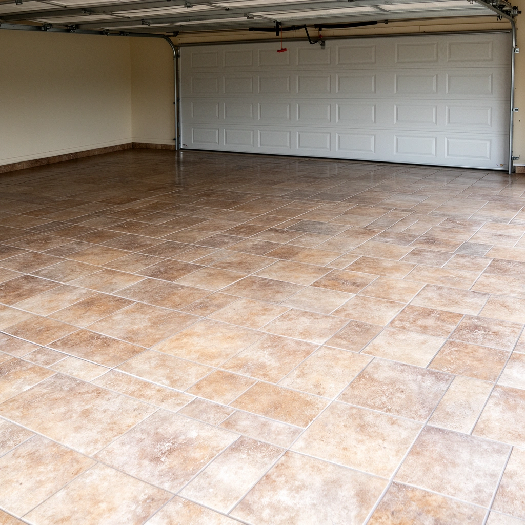 Inspecting existing tile to determine suitability for installing new garage floor tile over it.