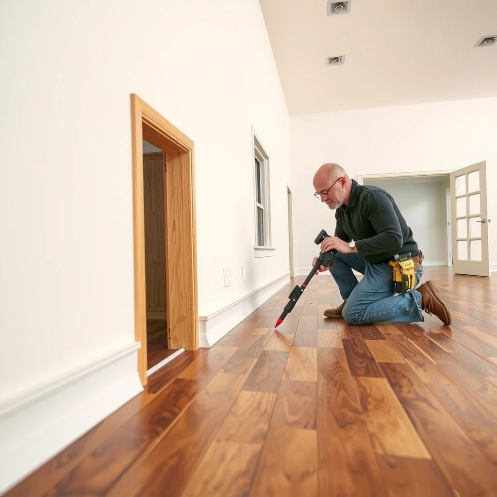 Inspecting expansion gaps and identifying floor type before installing baseboards with engineered wood floors