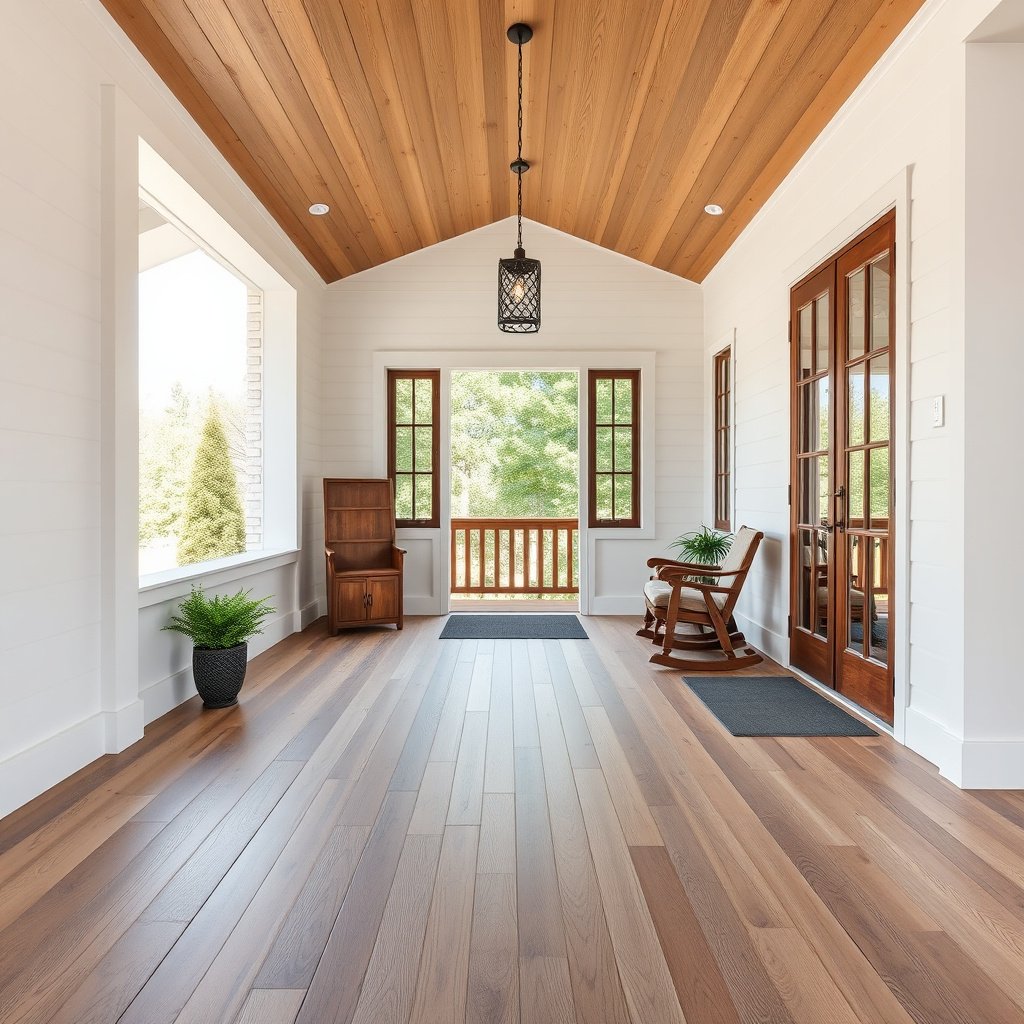 Measuring the flatness of engineered wood floors before porch installation.