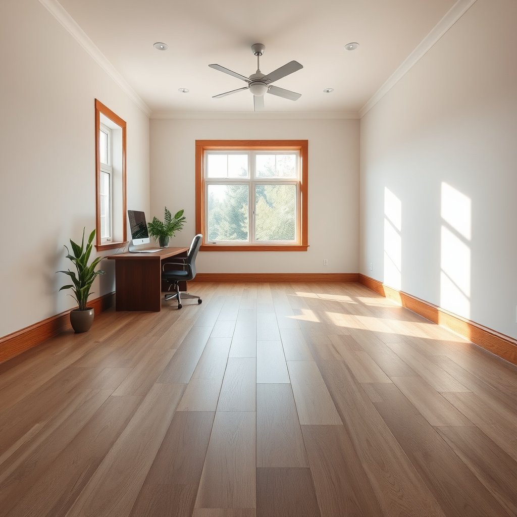 A person using a level tool to check the flatness of laminate floors before office installation.