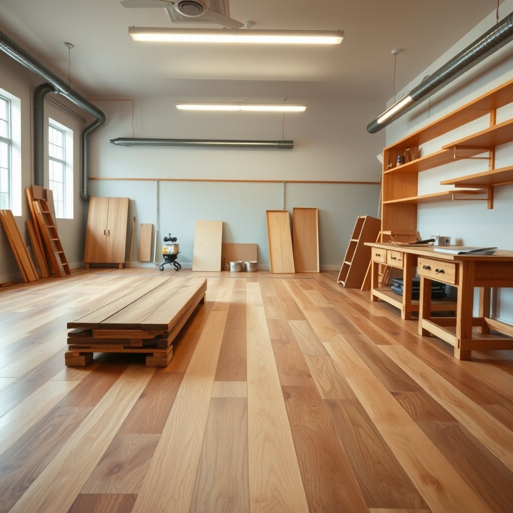 Measuring the flatness of hardwood floors before workshop installation to ensure proper leveling.