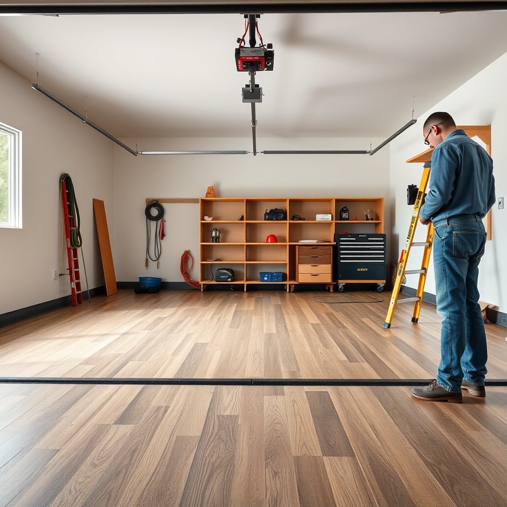 Measuring the flatness of laminate floors before installation in a garage.