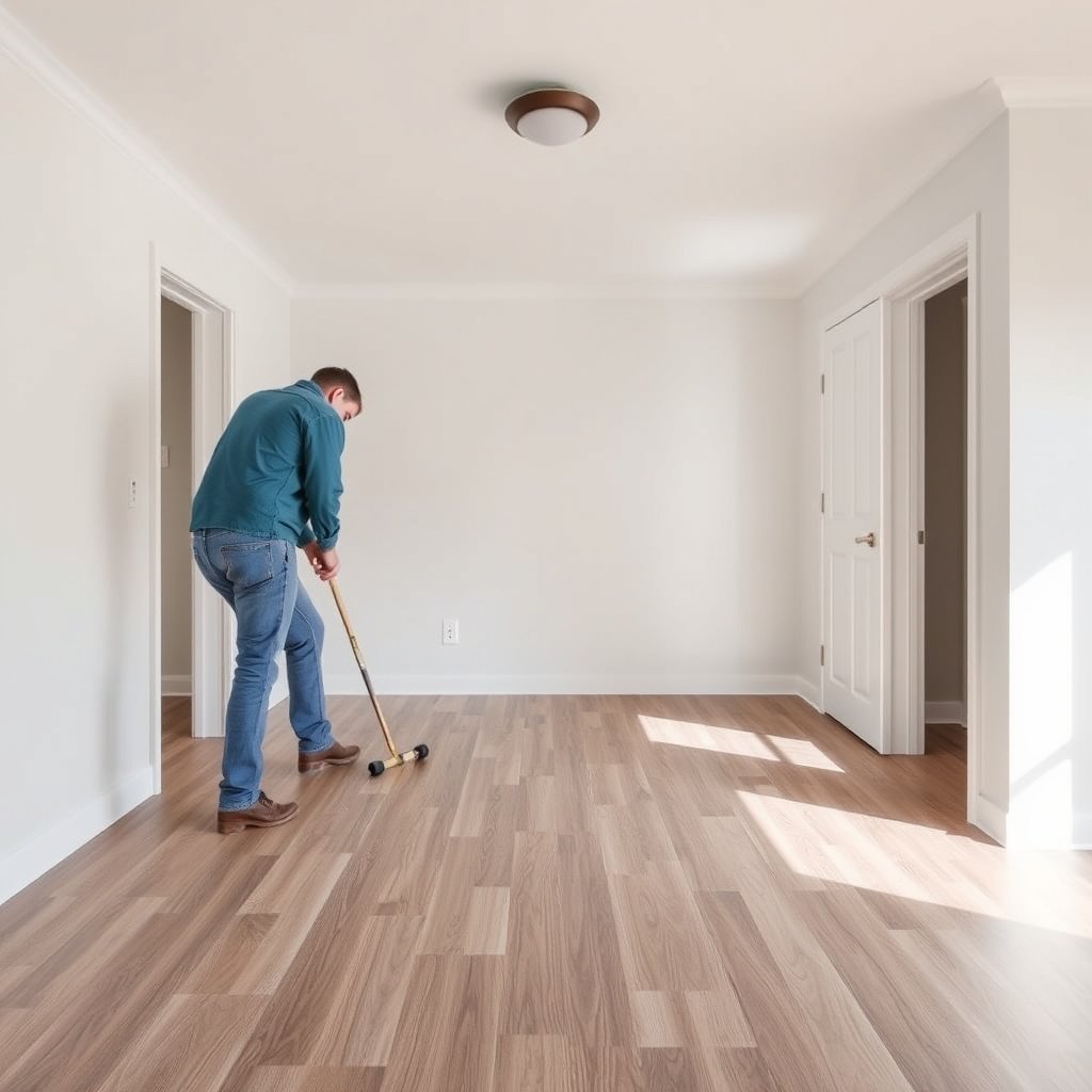 Measuring the flatness of laminate floors before mudroom installation to ensure proper leveling.