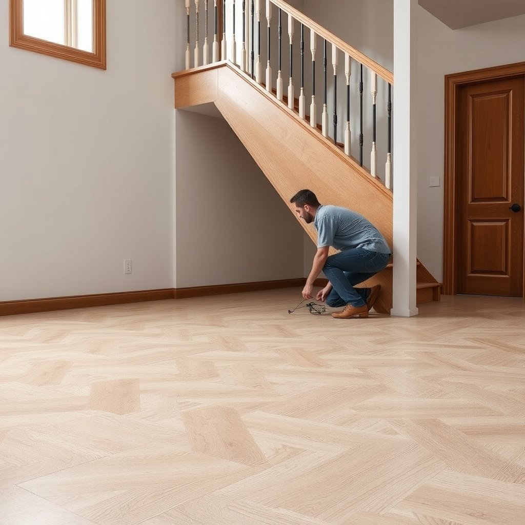 Measuring the flatness of vinyl floors before mixing compound for staircase installation.