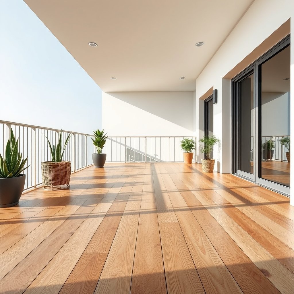 Inspecting engineered wood floor finish and balcony conditions before cleaning.
