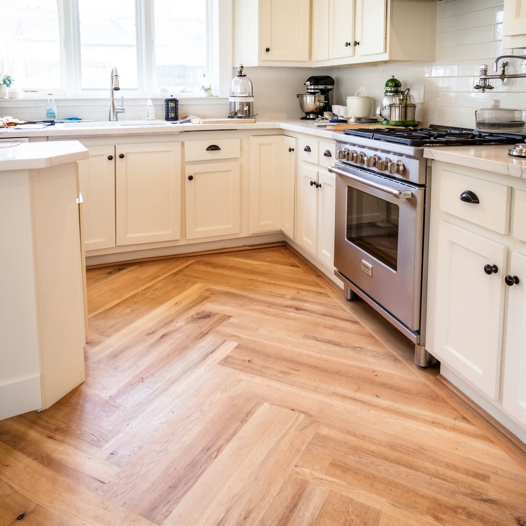 Image showing different floor types and cabinet clearance measurements for kitchen flooring installation.