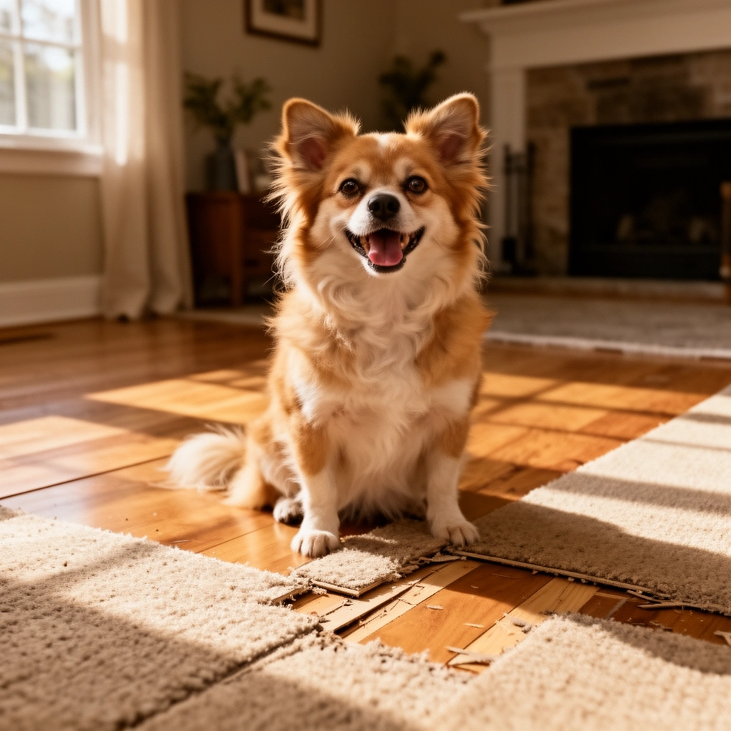 A homeowner checking the compatibility of existing flooring before installing carpet floors.