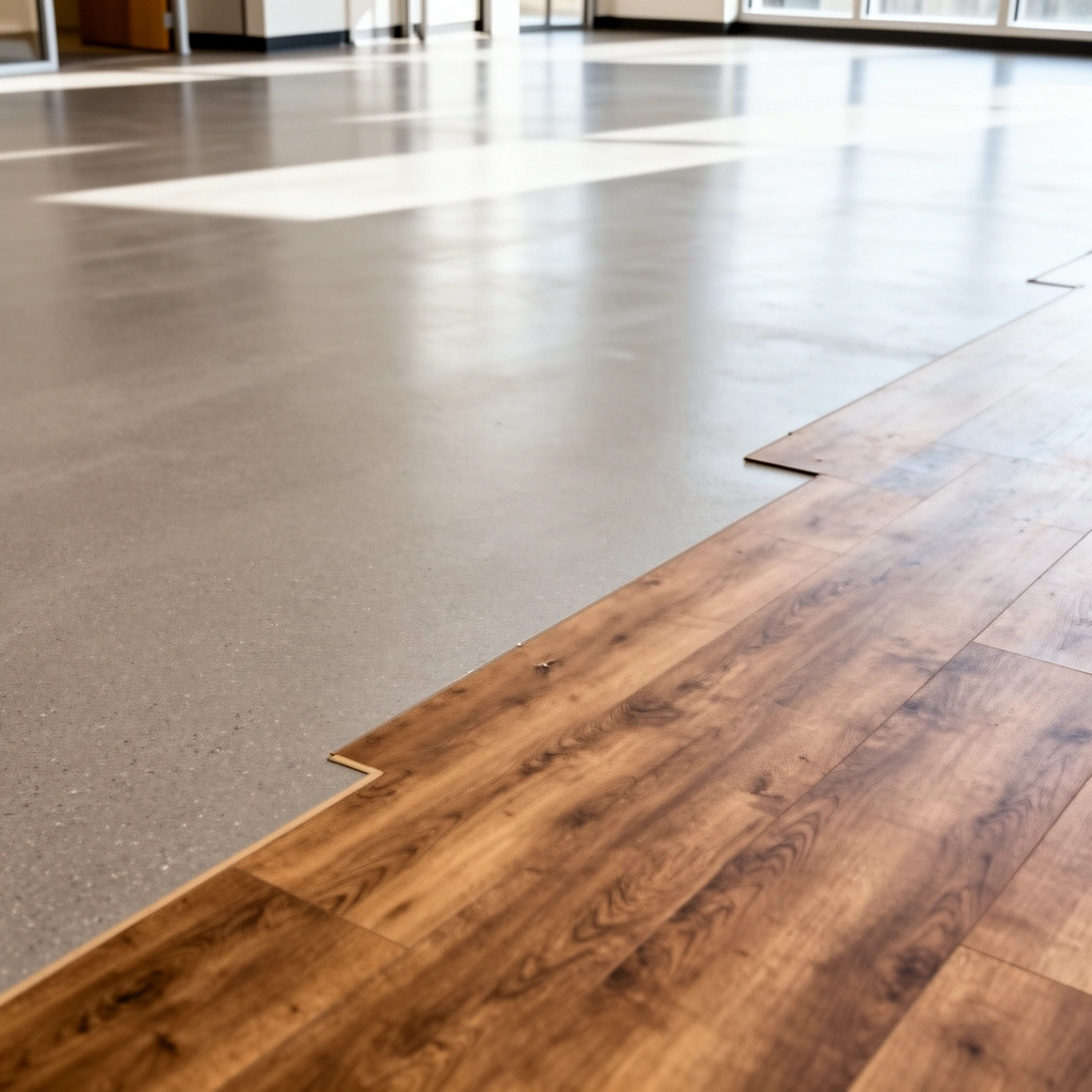 Person checking compatibility of existing flooring for installation of commercial floors