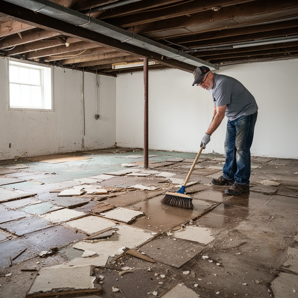 A person examining different types of basement flooring for safe disposal options.