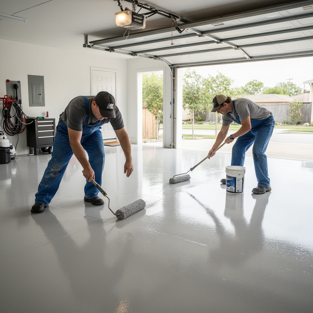 Checking moisture and surface condition of a garage floor before sealing it.
