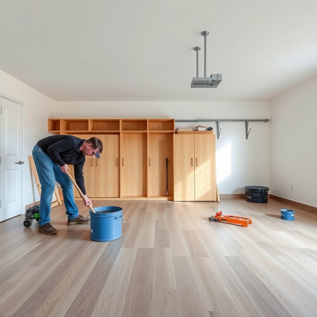 Measuring moisture levels in a garage to prepare laminate floors for installation.