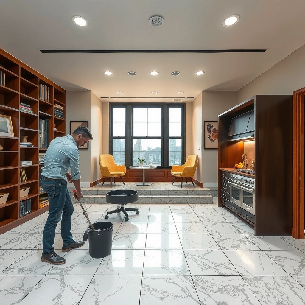 A person inspecting granite flooring to determine if sealing is needed, showcasing the sealing process.