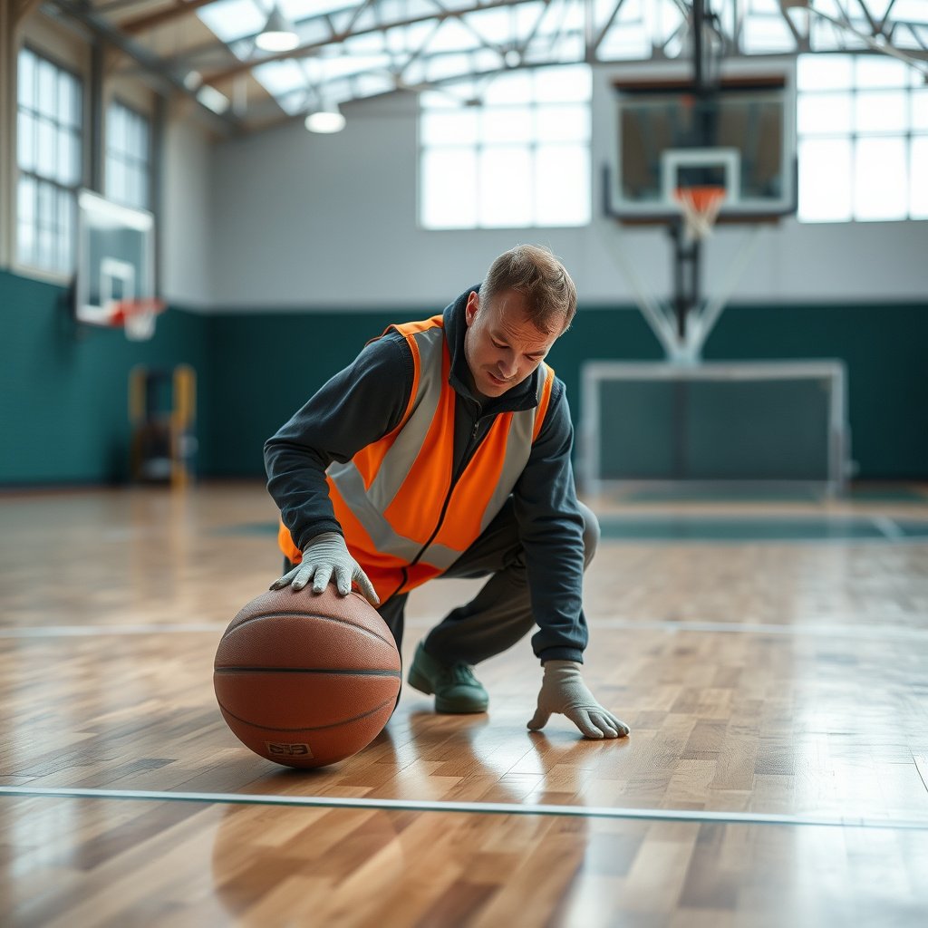 Person reviewing local disposal rules for sports floor removal and safety guidelines.