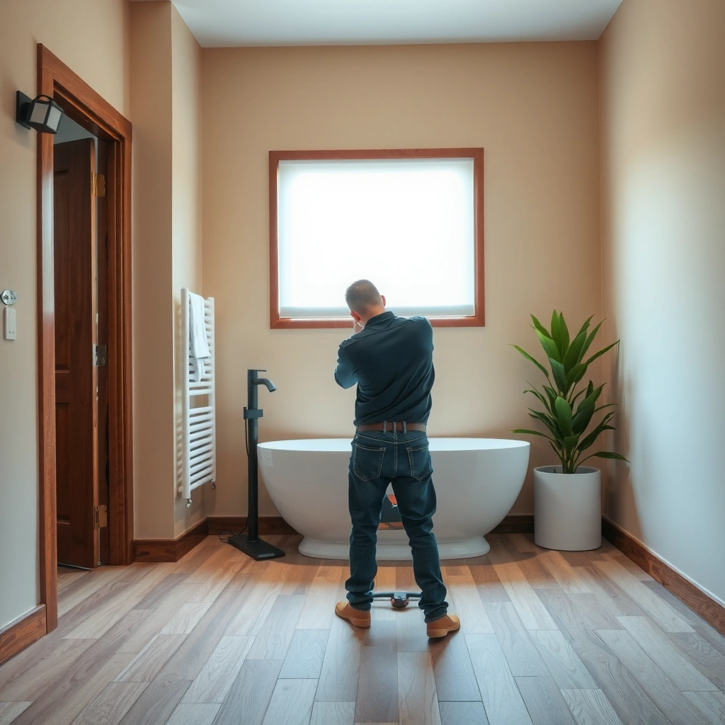 A homeowner checking LVT flooring samples for bathroom compatibility and installation options.