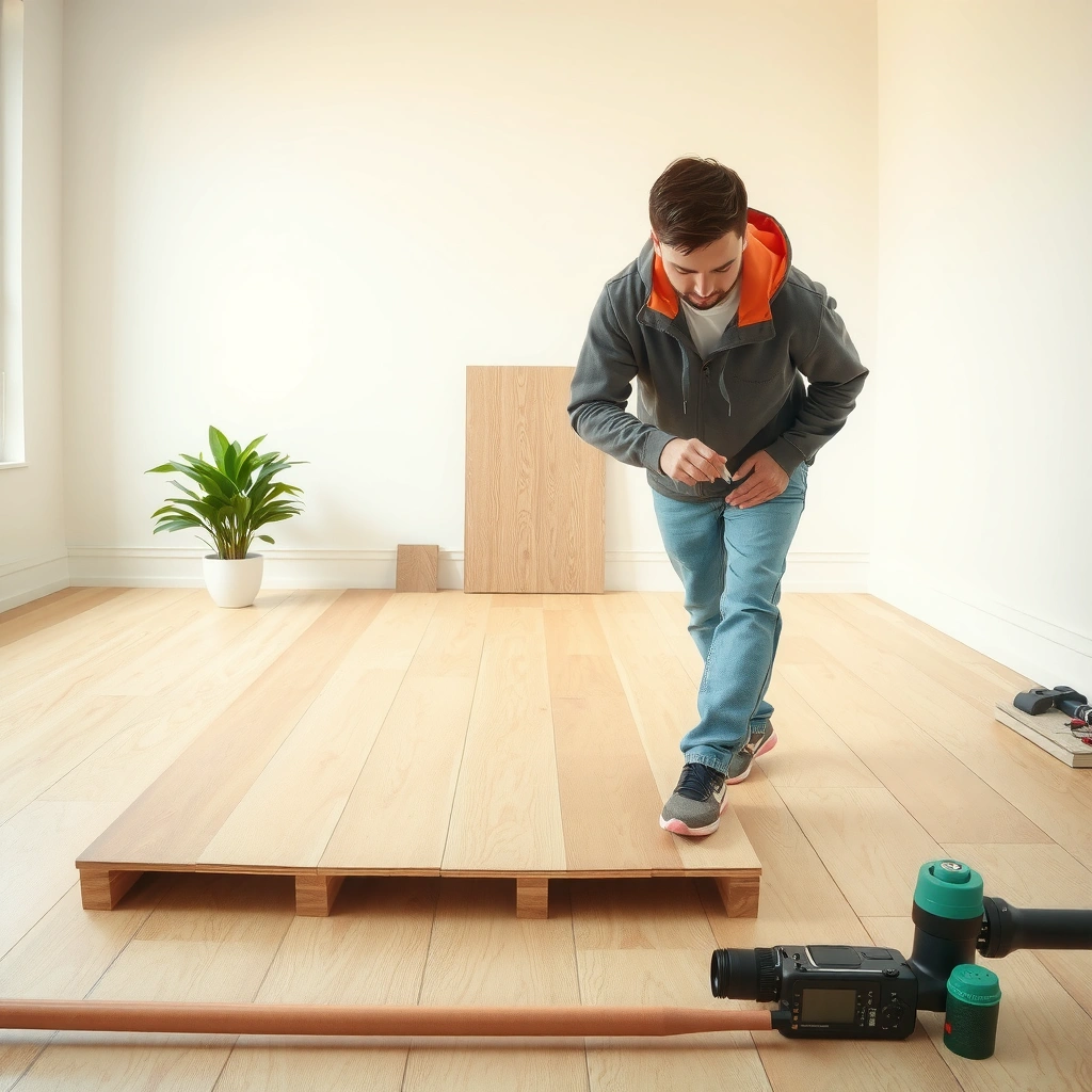 Checking the type of LVT flooring and assessing the conditions of plywood before installation.