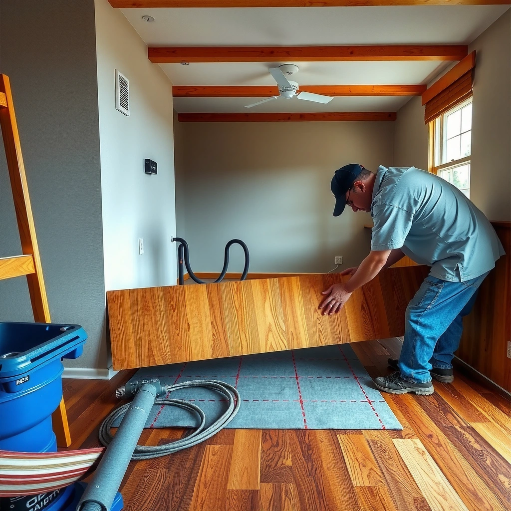 Person checking moisture levels and assessing concrete condition before installing hardwood floors.