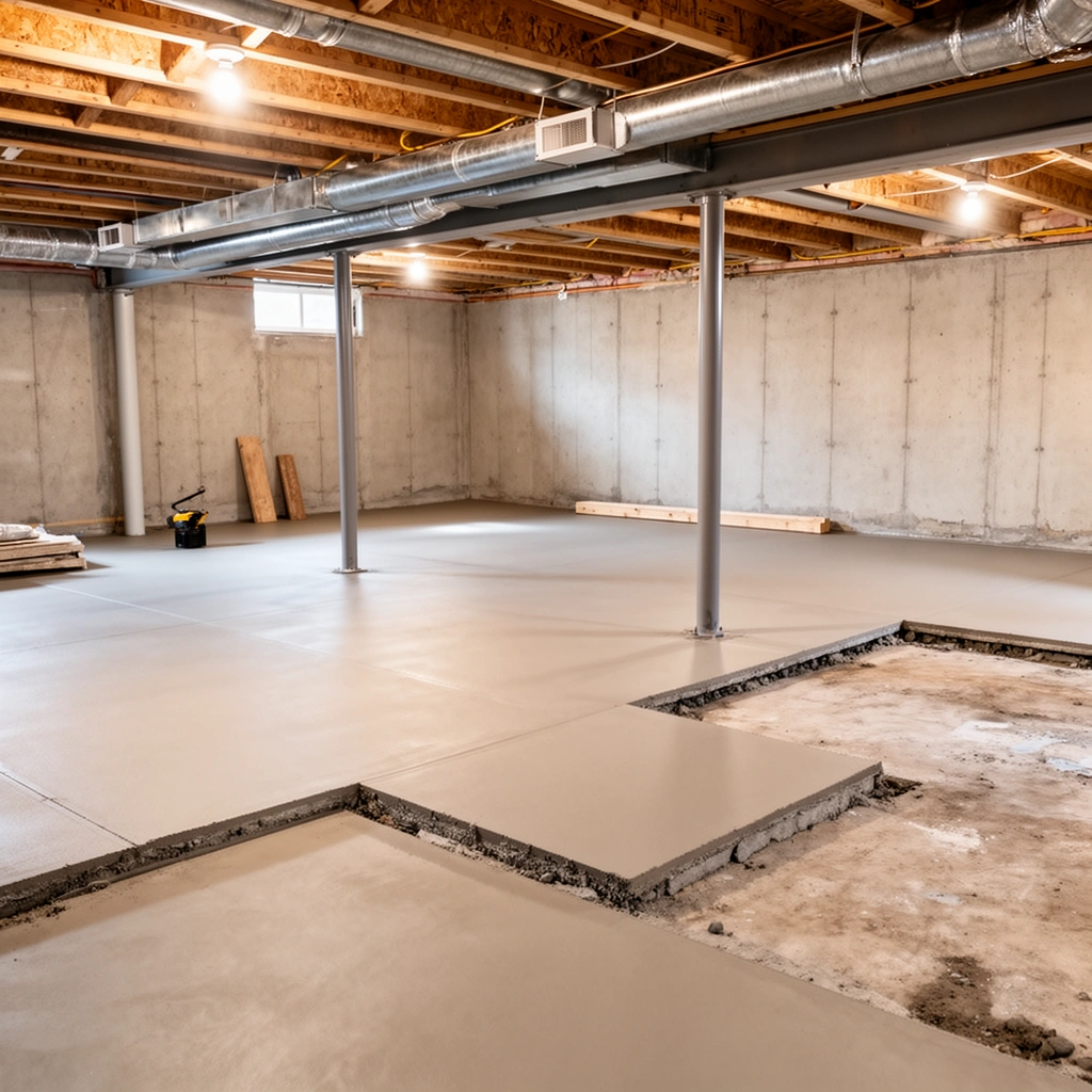 Checking moisture levels and conditions in a basement before flooring installation.