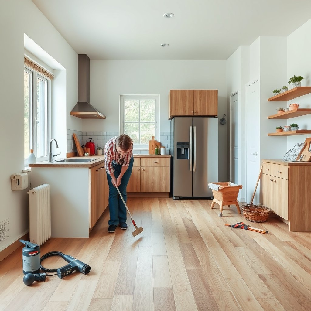 Measuring moisture levels and checking flatness of laminate floors before installation in a kitchen.