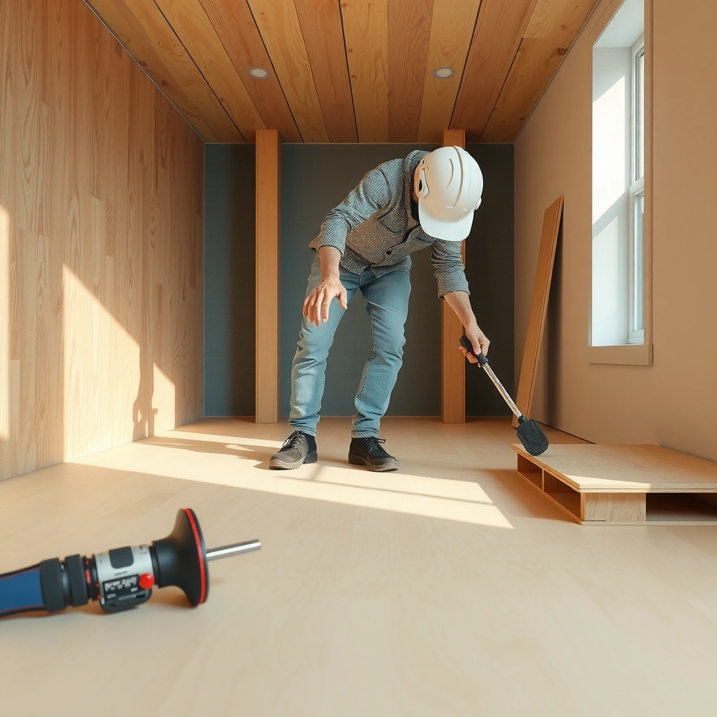 Person checking moisture levels and slab condition before installing plywood concrete floors