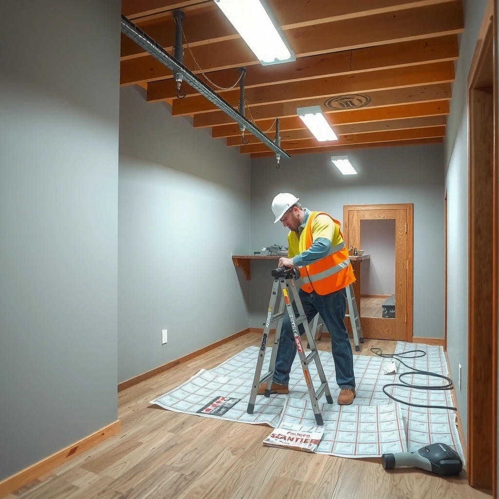 Checking moisture levels and slab conditions before installing laminate floors in a basement.