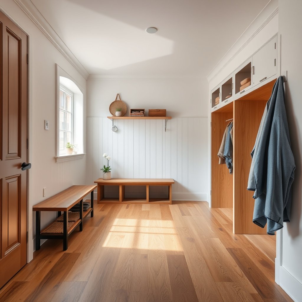 Checking moisture levels and preparing the subfloor for engineered wood floors in a mudroom