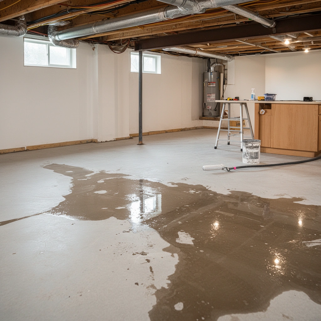 Checking moisture levels and surface condition before installing kitchen basement floors.