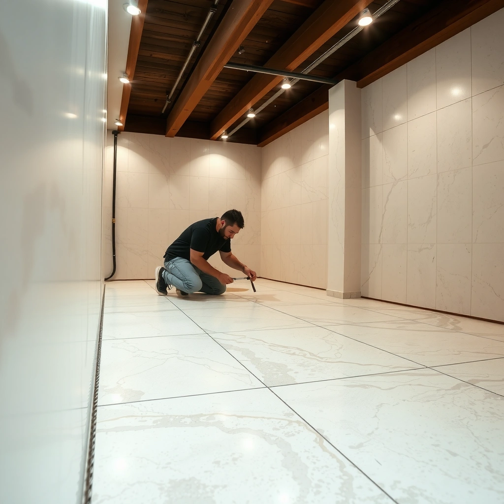 A contractor checking moisture levels in a basement before installing marble flooring.