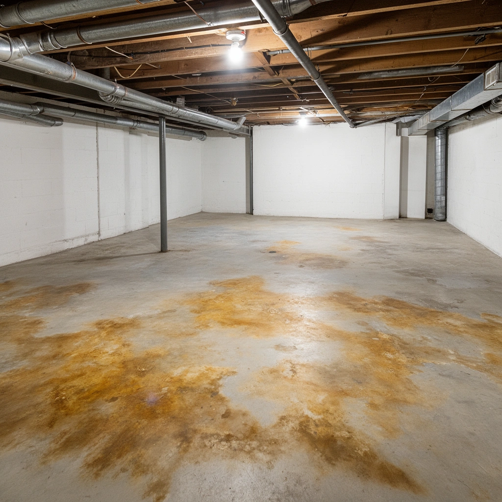 Inspecting basement floor for moisture issues before sealing to prevent discoloration