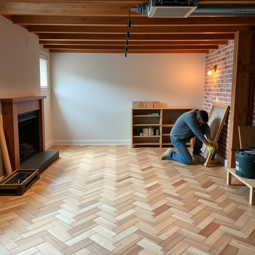 Checking moisture levels before installing herringbone floors in a basement.