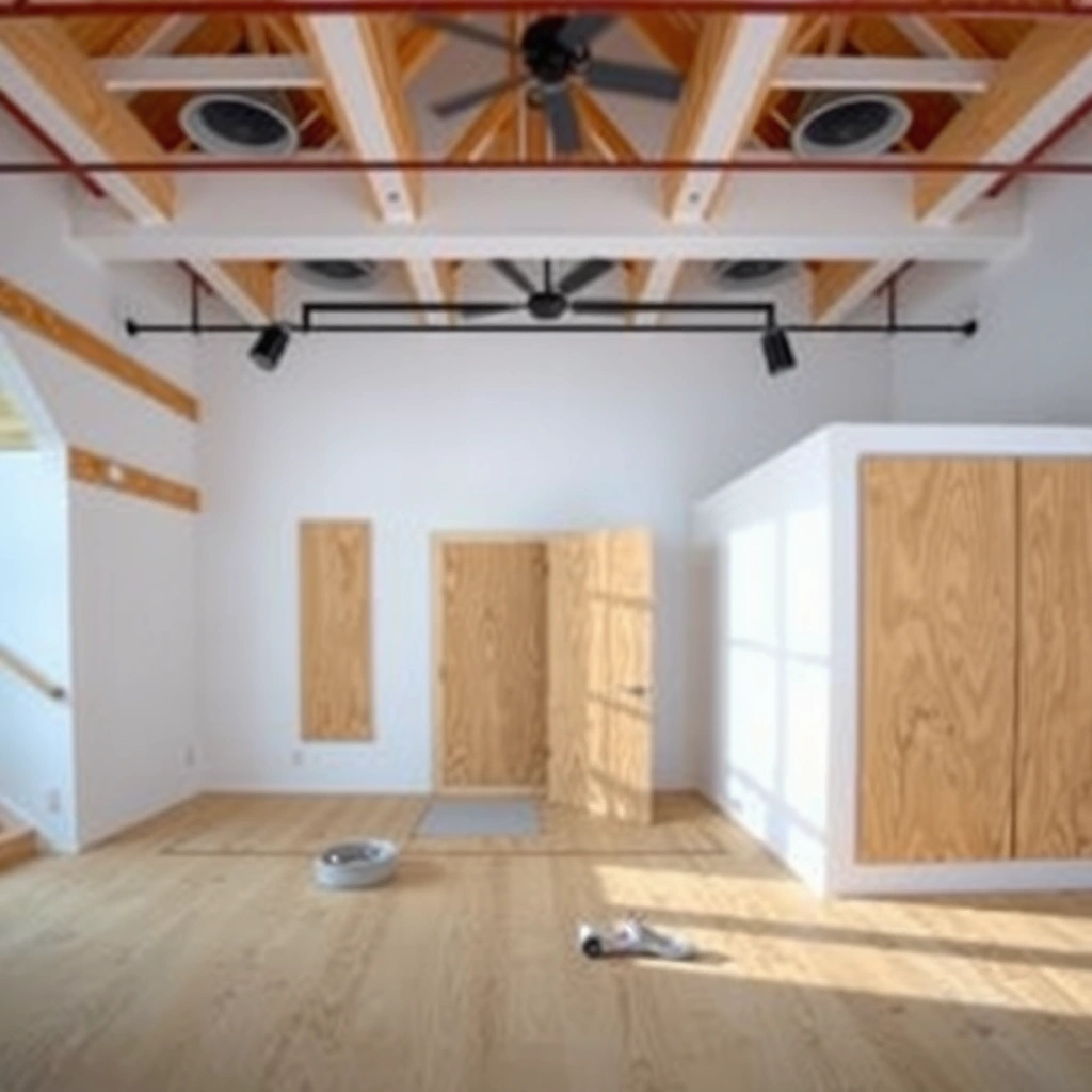 Inspecting plywood surface for flatness and condition before installing vinyl flooring.