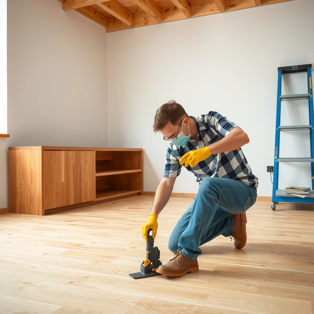 Inspecting plywood for condition and flatness before installing hardwood floors over it.