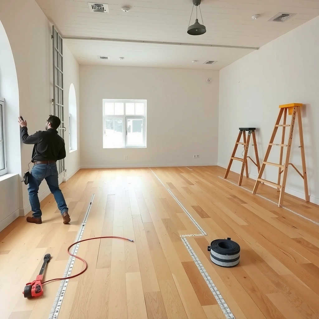 A person verifying the plywood surface is solid and flat before installing rubber flooring.