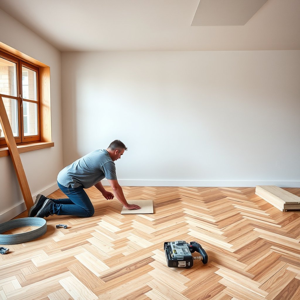 Inspecting plywood flatness, fastening, and moisture levels before installing chevron floors.