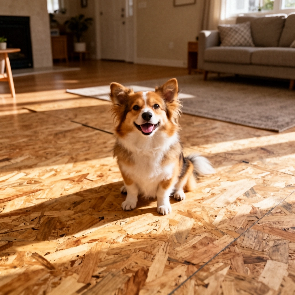 A person checking the flatness and stability of plywood before installing carpet floors.