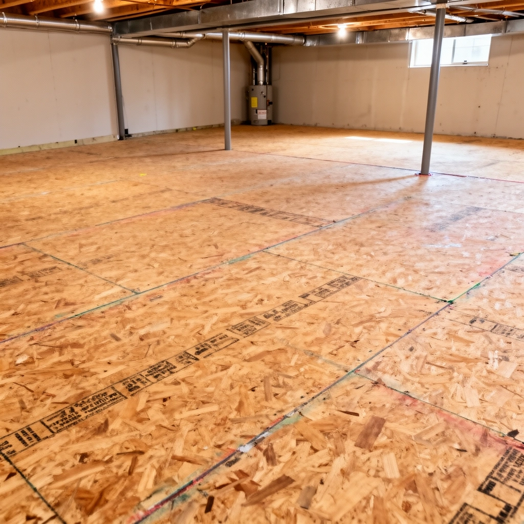 Inspecting plywood for stability and flatness before installing basement floors over it.